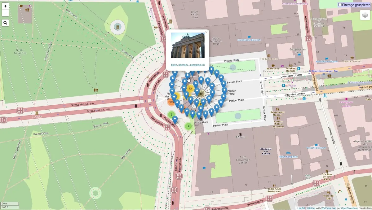 20201119 xl 194539 Leaflet, WikiMap with WMFlabs map per OpenStreetMap contributors, Berlin Brandenburger Tor, Screenshot mit Beispielbild (Berlin, germany, panoramio (5))