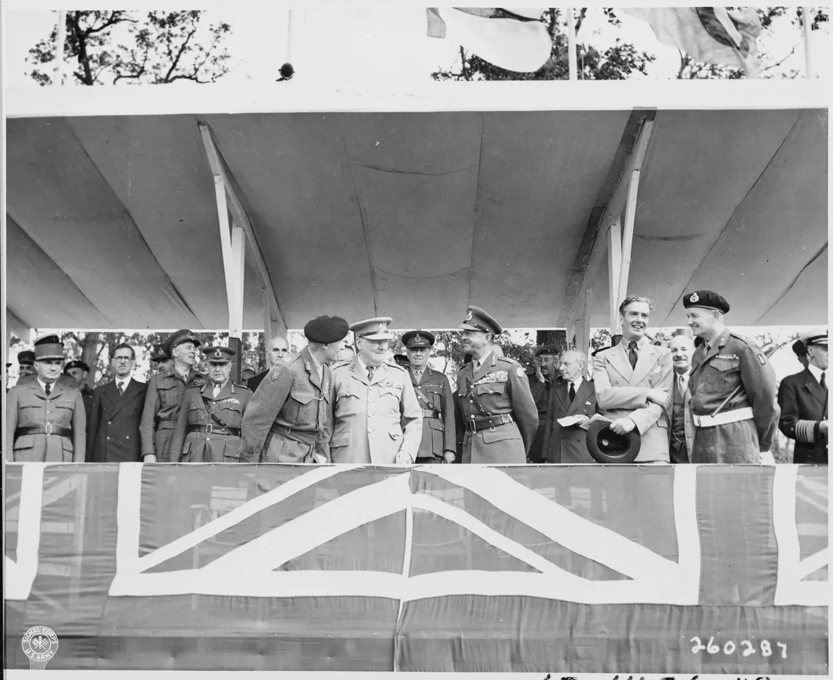 A group of notables in the reviewing stand on the "Charlottenberger Chausce" during the British victory parade in... - NARA - 198897