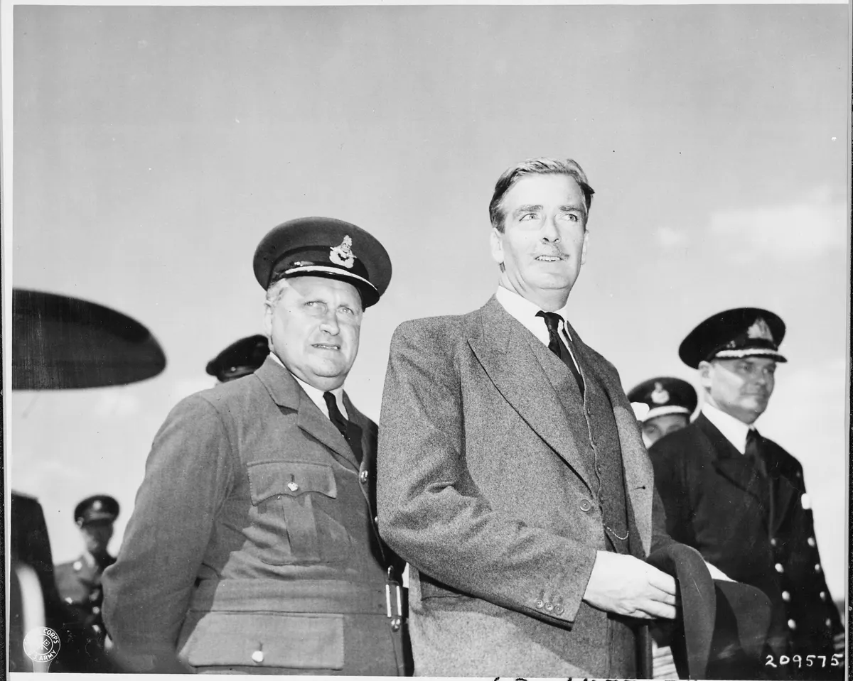 Anthony Eden, British foreign minister, arrives at Gatow Airport in Berlin, Germany to attend the Potsdam Conference. - NARA - 198841