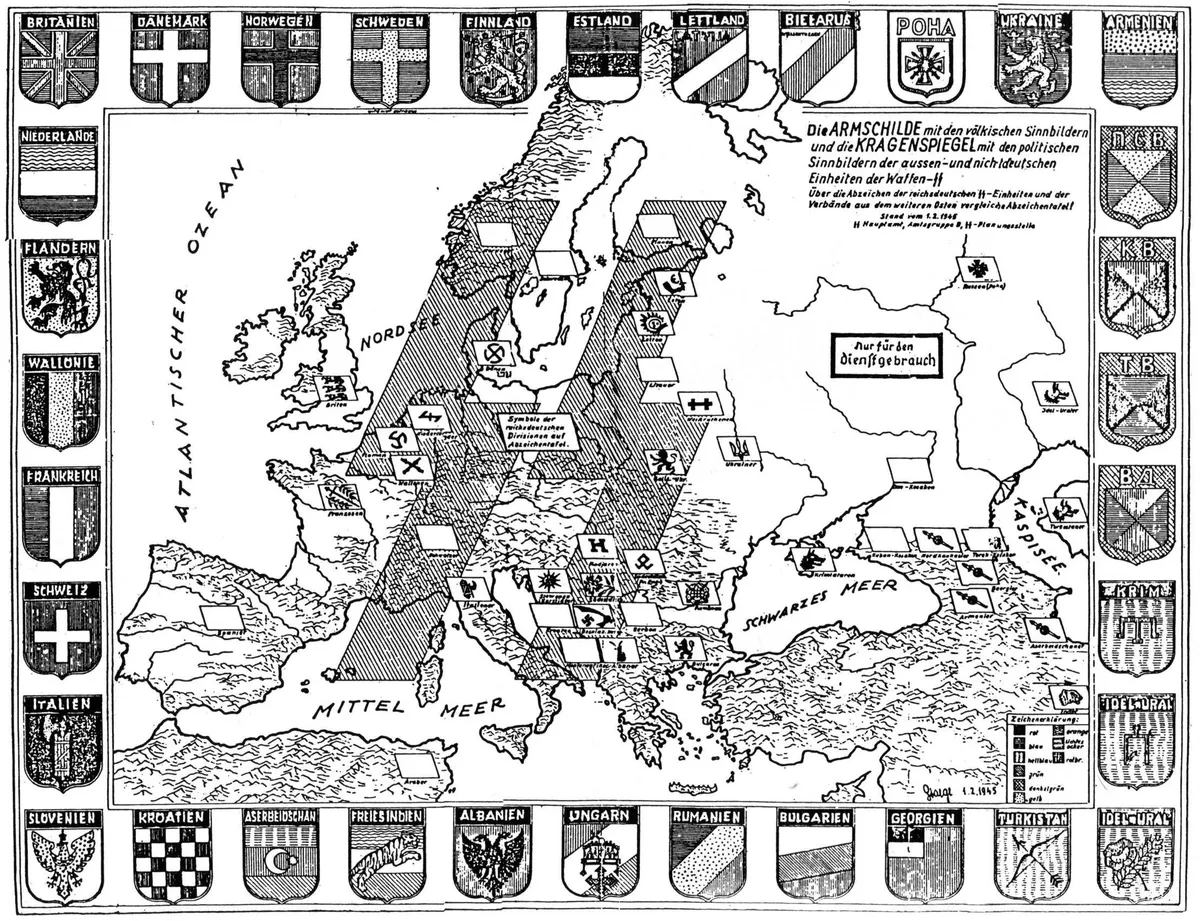 Armschilde Kragenspiegel Verbandabzeichen aussen- u nichtdeutschen Waffen-SS Einheiten Karte 1 Feb 1945 WWII map Europe USSR Non-German divisions insignia badges Collar tabs Sleeve shields No known copyright. Poor copy line drawing
