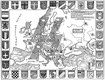 Armschilde Kragenspiegel Verbandabzeichen aussen- u nichtdeutschen Waffen-SS Einheiten Karte 1 Feb 1945 WWII map Europe USSR Non-German divisions insignia badges Collar tabs Sleeve shields No known copyright. Poor copy line drawing