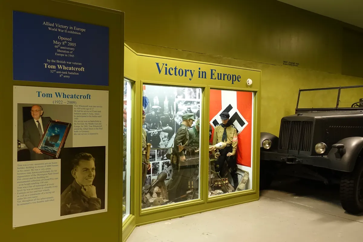 Arquebus Krigshistorisk Museum Norway. WW2 Allied Victory in Europe display. Opened 2005 by Tom Wheatcroft. Uniforms weapons German Waffen-SS Volkssturm Hitlerjugend flags photos etc. 8-ton Half-Track Sd.Kfz. 7 (KM m11) (2020) DSC08391