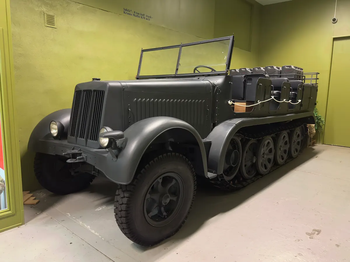 Arquebus Krigshistorisk Museum Norway. WW2 Allied Victory in Europe display. 8-ton Half-Track Sd.Kfz. 7 (KM m11) built by Krauss-Maffei, medium artillery tractor, prime mover of the German Army (halvbeltebil fra Wheatcroft 2004) (2023)
