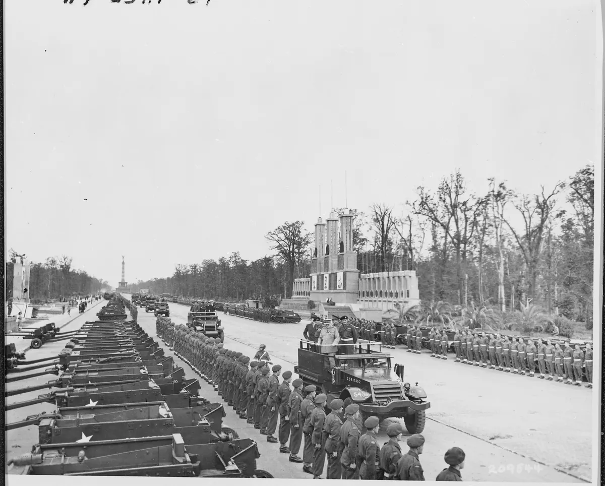British Prime Minister Winston Churchill passes the parade of Bren carriers belonging to the Canadian contingent... - NARA - 198831