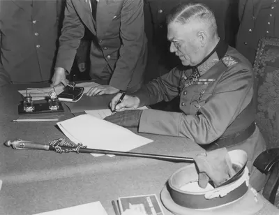 Field Marshal Keitel signs German surrender terms in Berlin 8 May 1945 - Restoration