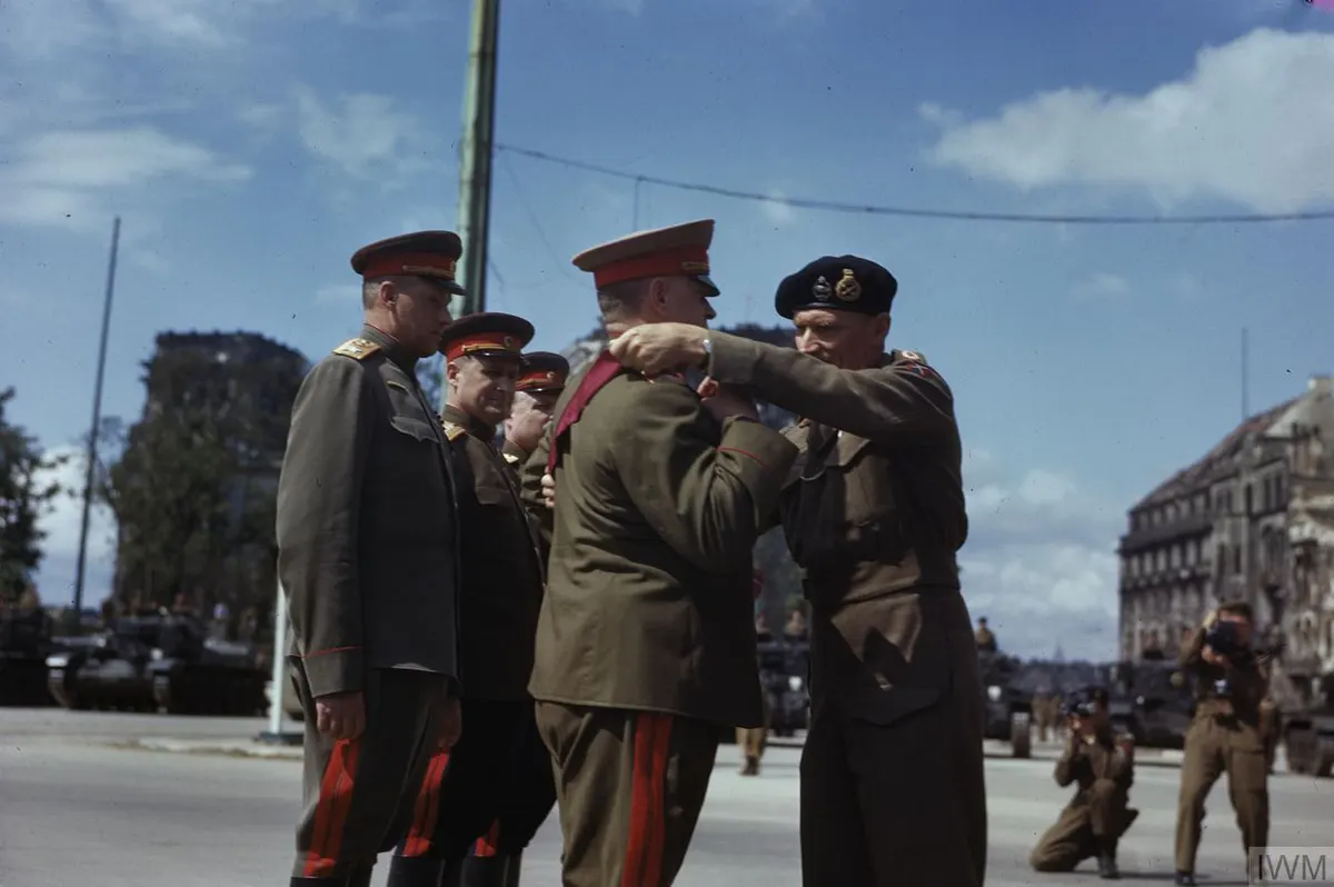 Field Marshal Montgomery Decorates Russian Generals at the Brandenburg Gate in Berlin, Germany, 12 July 1945 TR2909