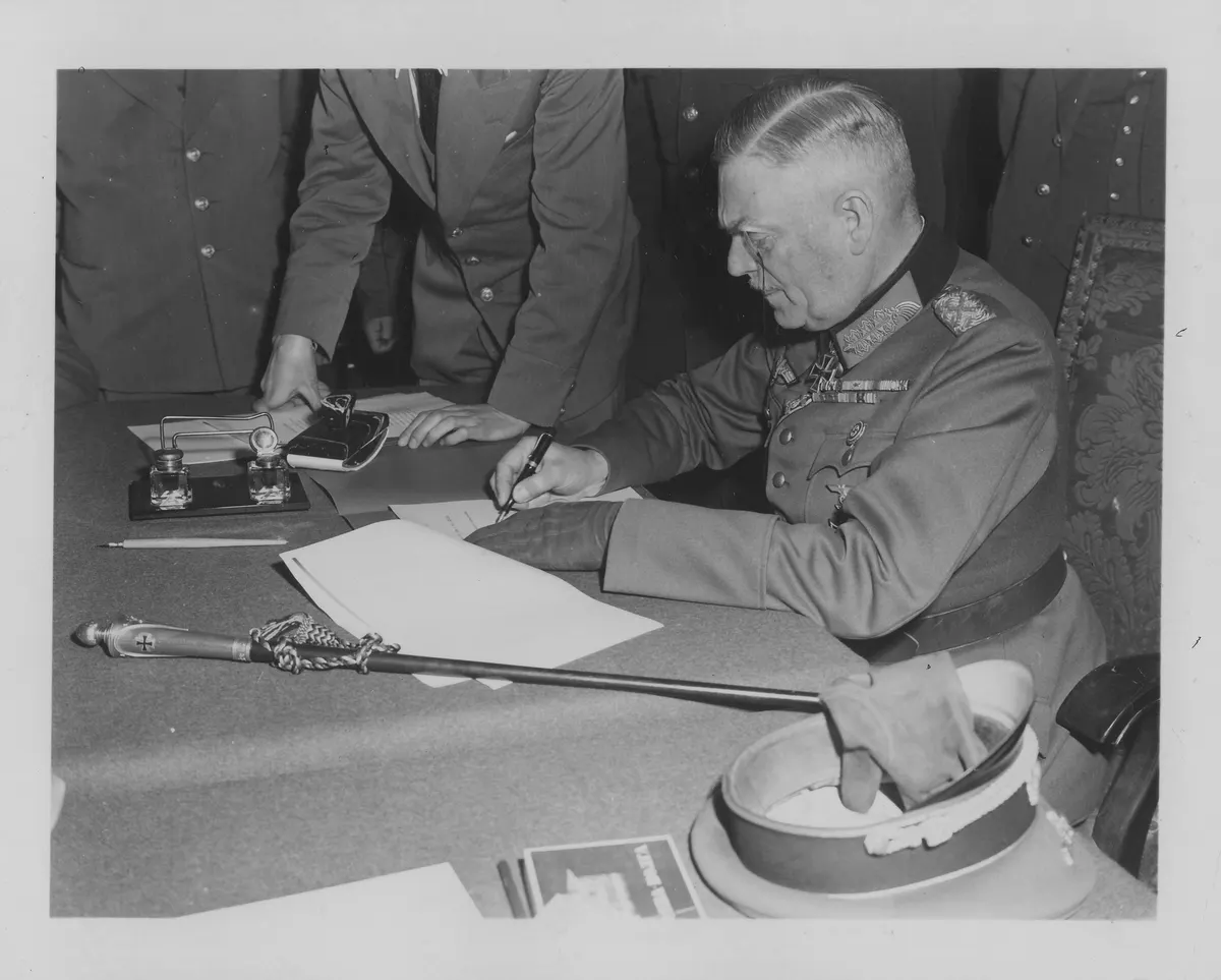 Field Marshall Keitel signs German surrender terms in Berlin 8 May 1945