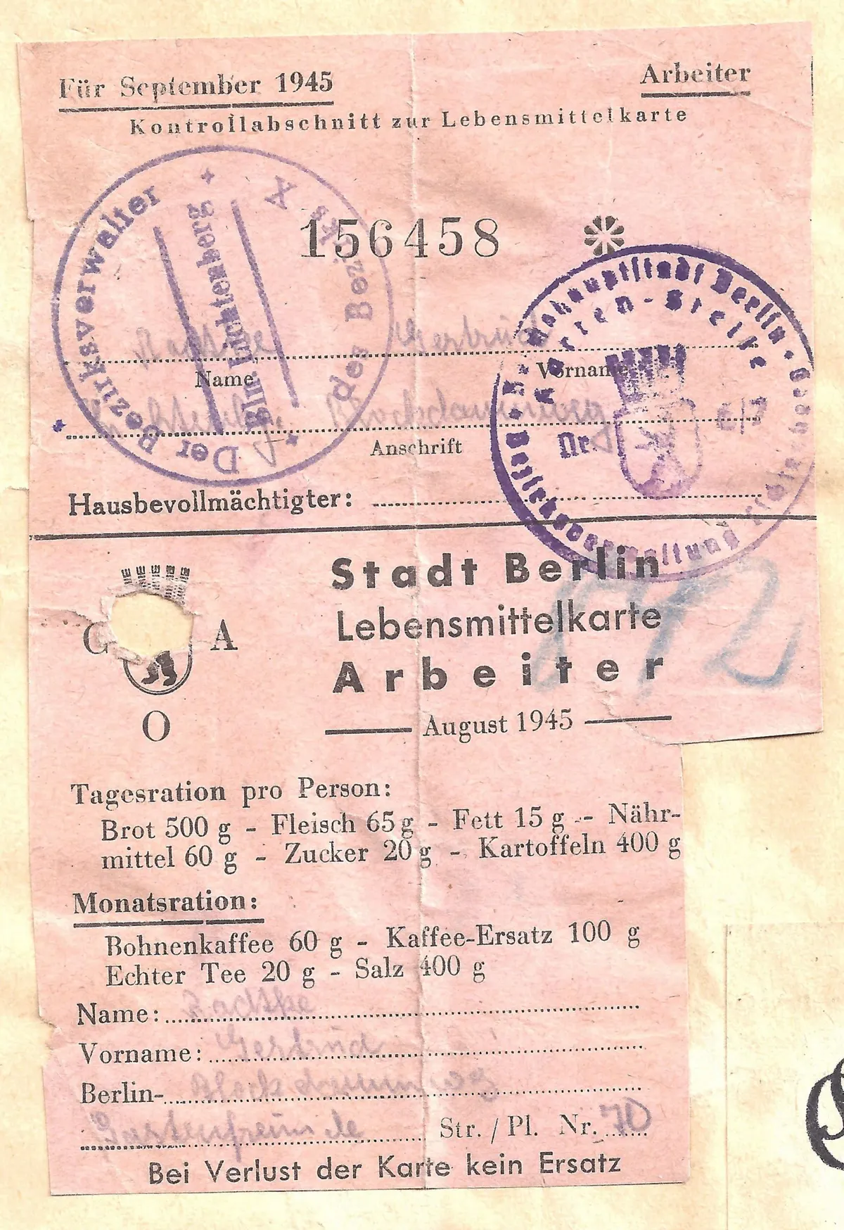 Lebensmittelkarte 1945