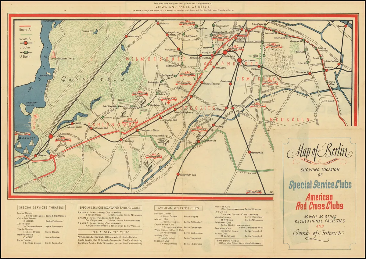 Map of Berlin Showing Points of Interest in American English Russian French Sector - verso
