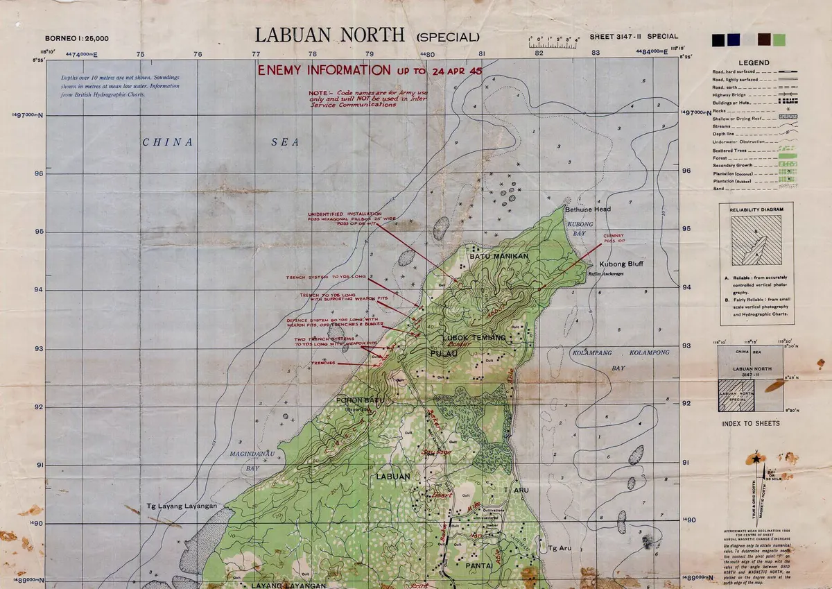 Map of northern Labuan marked with estimated Japanese positions and Allied invasion beaches as of April 1945