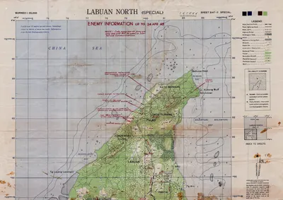Map of northern Labuan marked with estimated Japanese positions and Allied invasion beaches as of April 1945