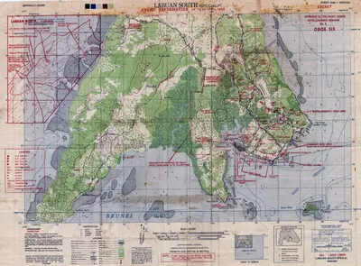 Map of southern Labuan marked with estimated Japanese positions and Allied invasion beaches as of April 1945
