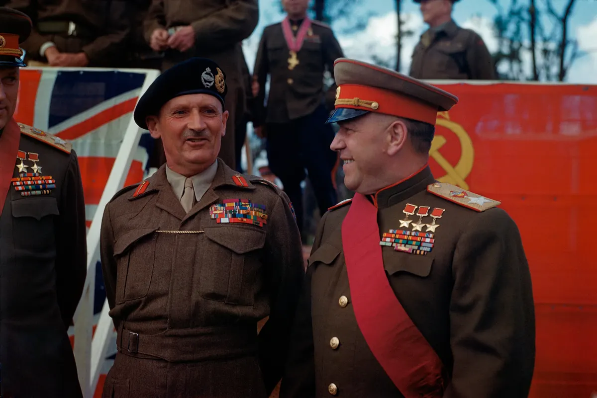 Marshals of the Soviet Union G.K. Zhukov and K.K. Rokossovsky with British Field Marshal Montgomery at the awards ceremony near the Brandenburg Gate Berlin July 12th 1945
