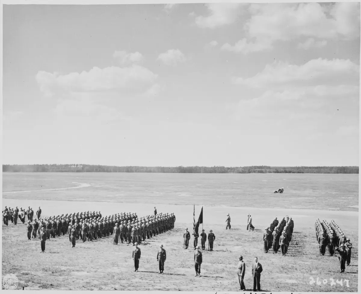 President Harry S. Truman inspects the honor guard at Gatow Airport in Berlin, Germany, where he has just arrived to... - NARA - 198859