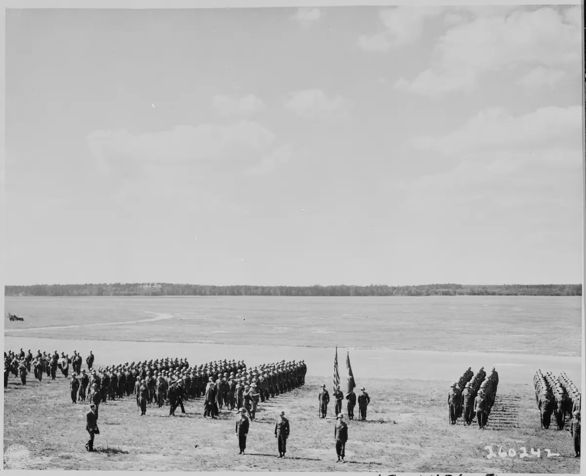 President Truman inspects the 2nd Armored Division honor guard at Gatow Airport in Berlin, Germany as he arrives to... - NARA - 198854