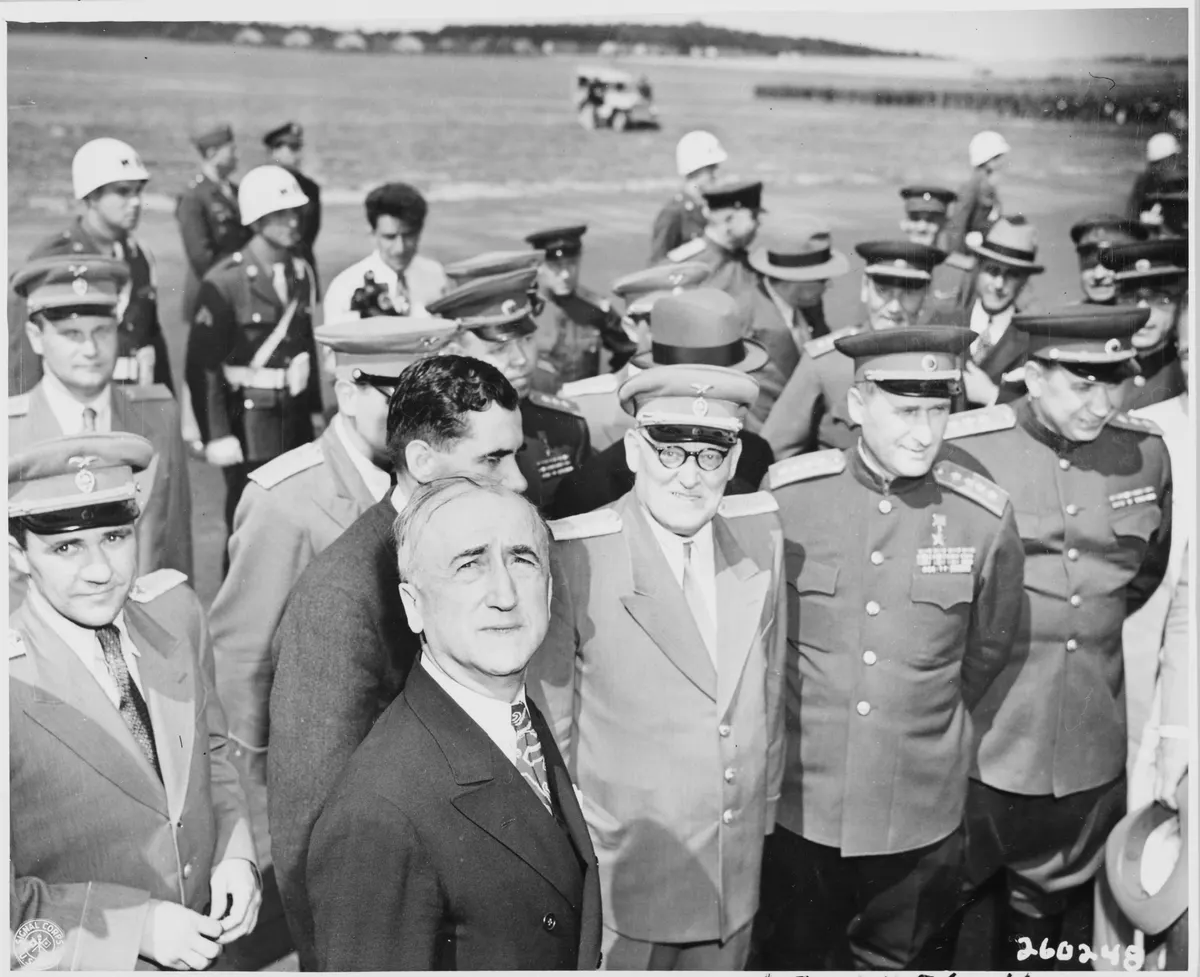 Secretary of State James Byrnes is greeted by military officers of the Soviet Union at Gatow Airport in Berlin... - NARA - 198860