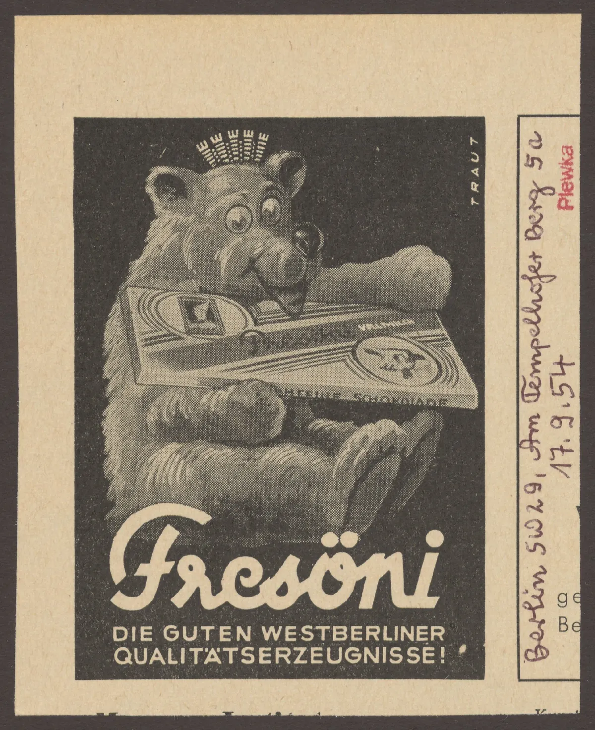 Zeitungsausschnitt "Fresöni" Schokolade, Am Tempelhofer Berg 5a