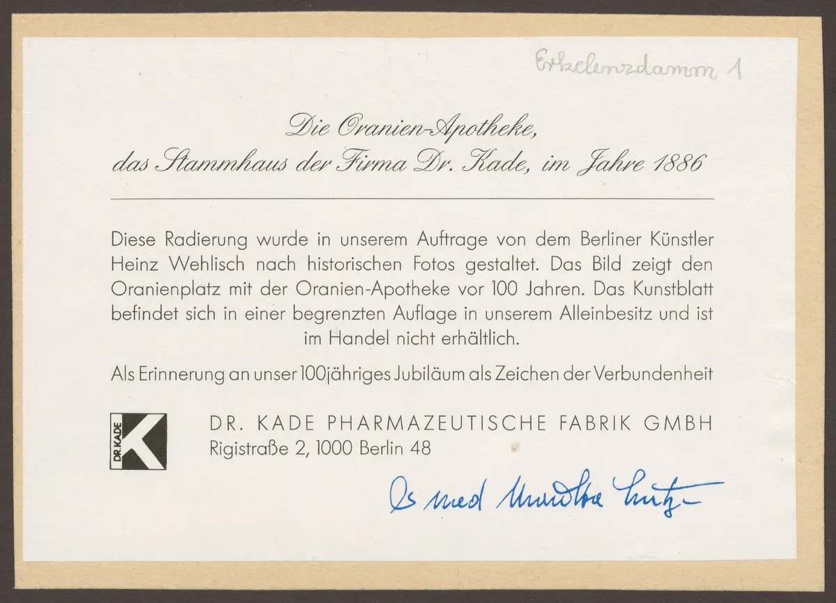 Mitteilungskarte Jubiläum der "Oranien-Apotheke", Erkelenzdamm 1