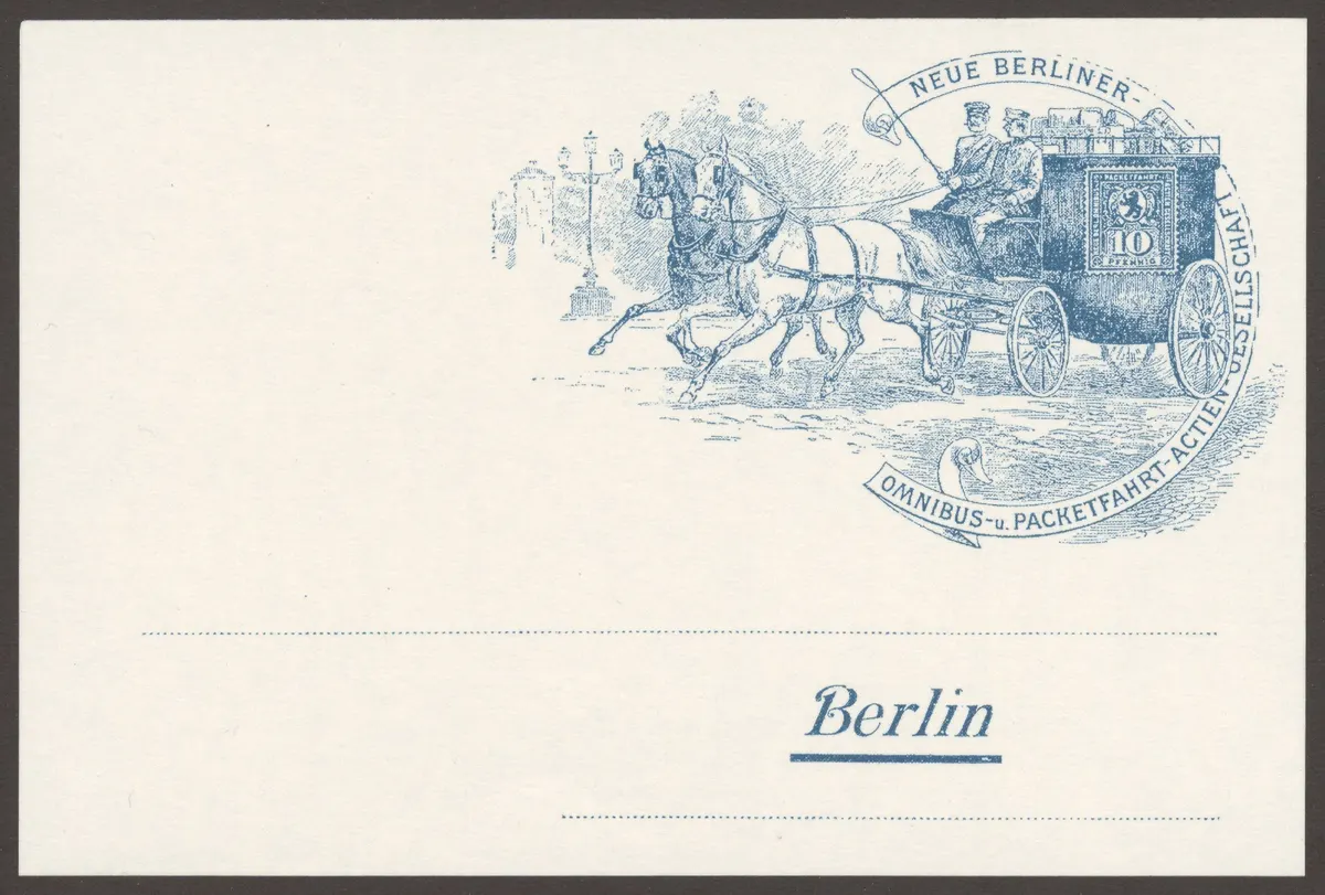 Werbepostkarte "Neue Berliner Omnibus- und Packetfahrt-Actien-Gesellschaft", Postkutsche, Alexandrinenstraße 93