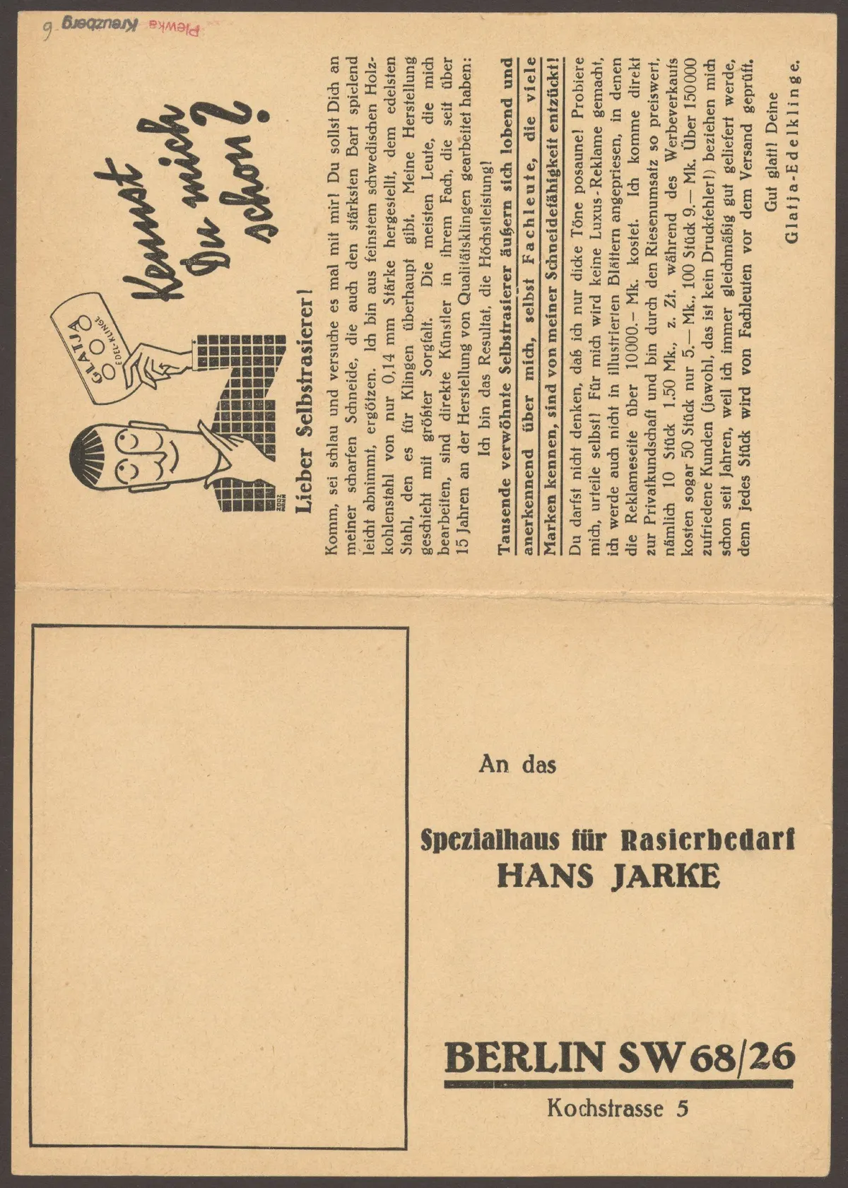 Werbeflyer Spezialhaus für Rasierbedarf, "Hans Jarke", Kochstraße 5