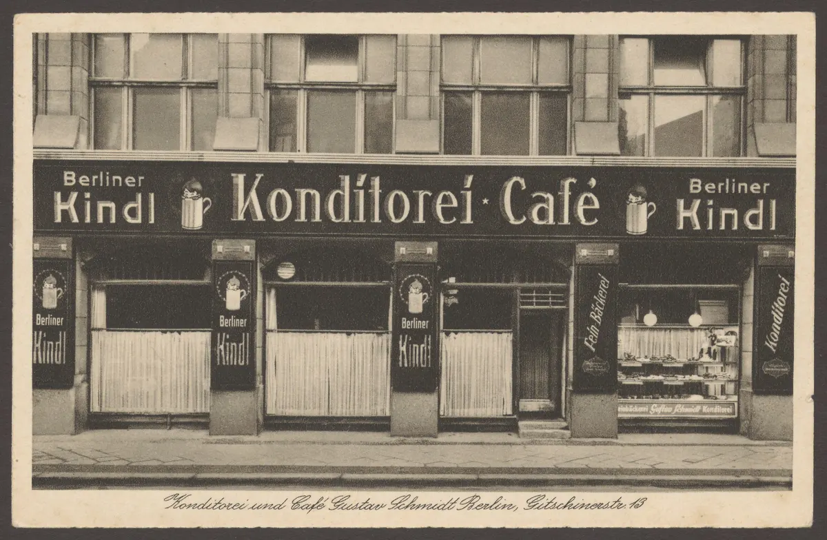 Ansichtskarte "Konditorei und Café Gustav Schmidt", Gitschiner Straße 13 [1/2]