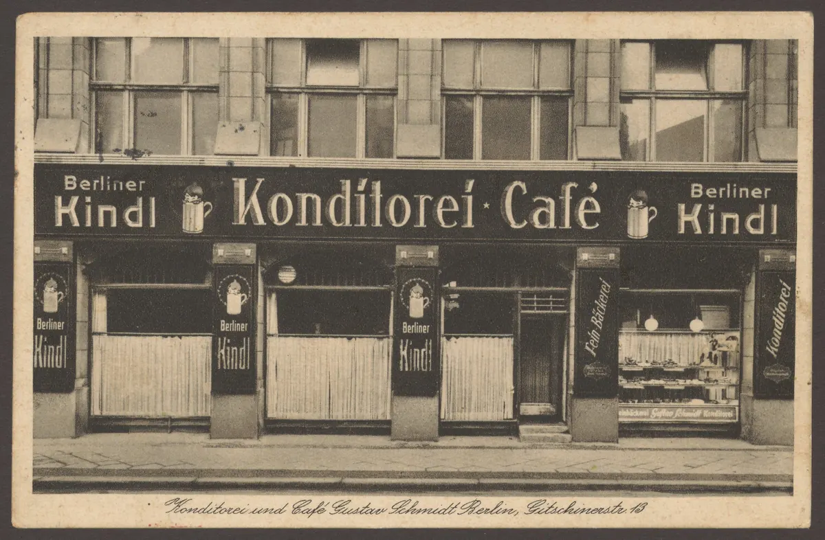 Ansichtskarte "Konditorei und Café Gustav Schmidt", Gitschiner Straße 13 [2/2]