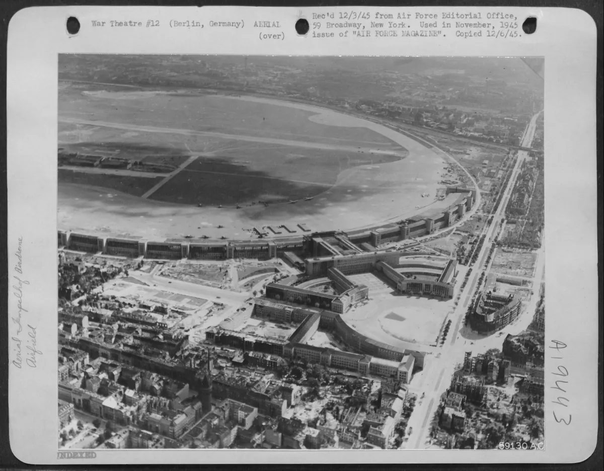 An Overall Aerial View Of Tempelhof Airdrome, In Berlin, Germany Showing Terminal Buildings, Landing Area And Central Hangar That Is 3/4 Of A Mile Wide. (U.S. Air Force Number 59130AC)