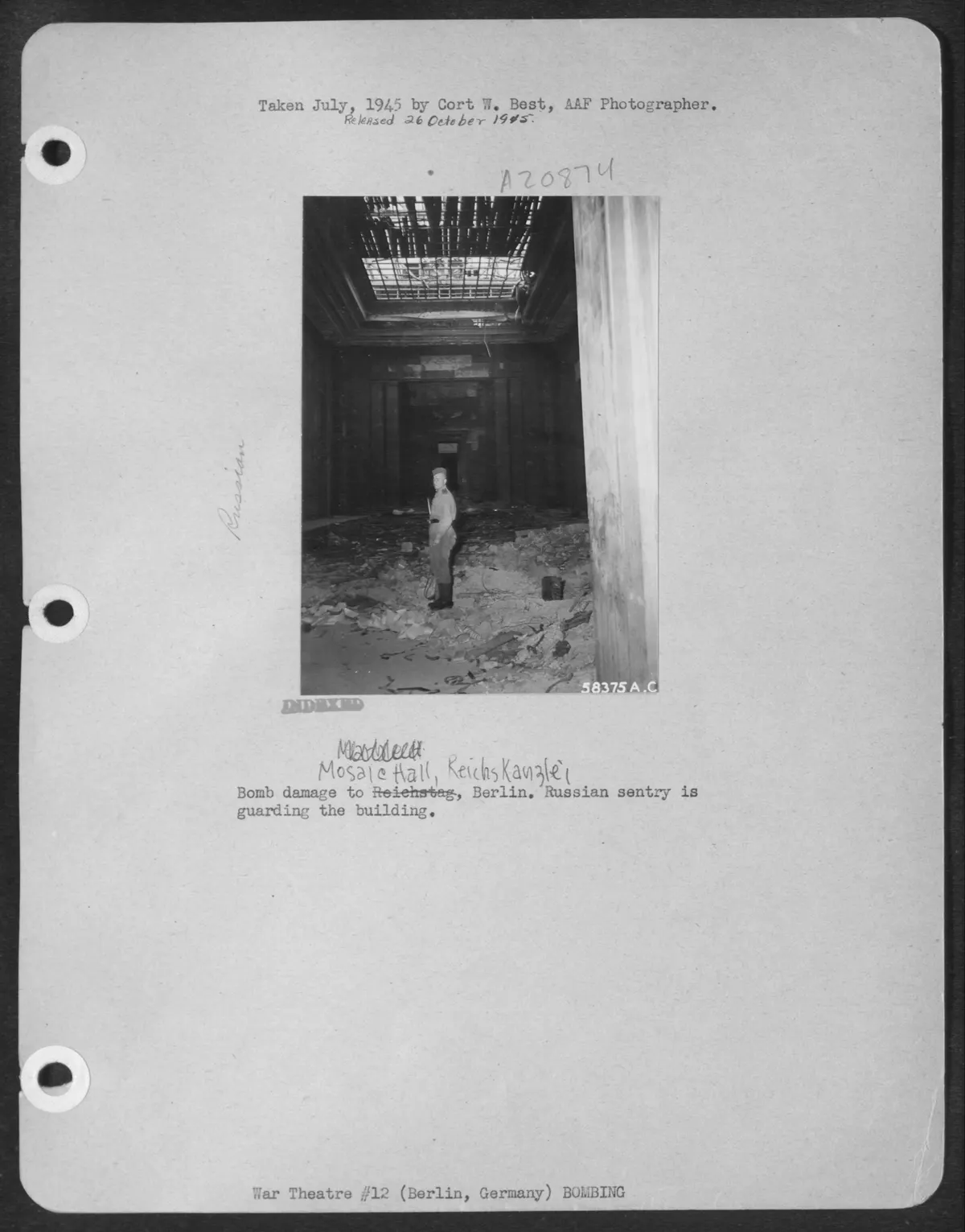 Bomb Damage To Mosaic Hall, Reichskanzlei, Berlin. Russian Sentry Is Guarding The Building. (U.S. Air Force Number 58375AC)